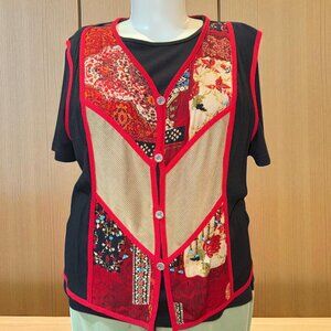 Koret Vintage Black & Red Patchwork Layered-Look Dangle Top Women's 1X